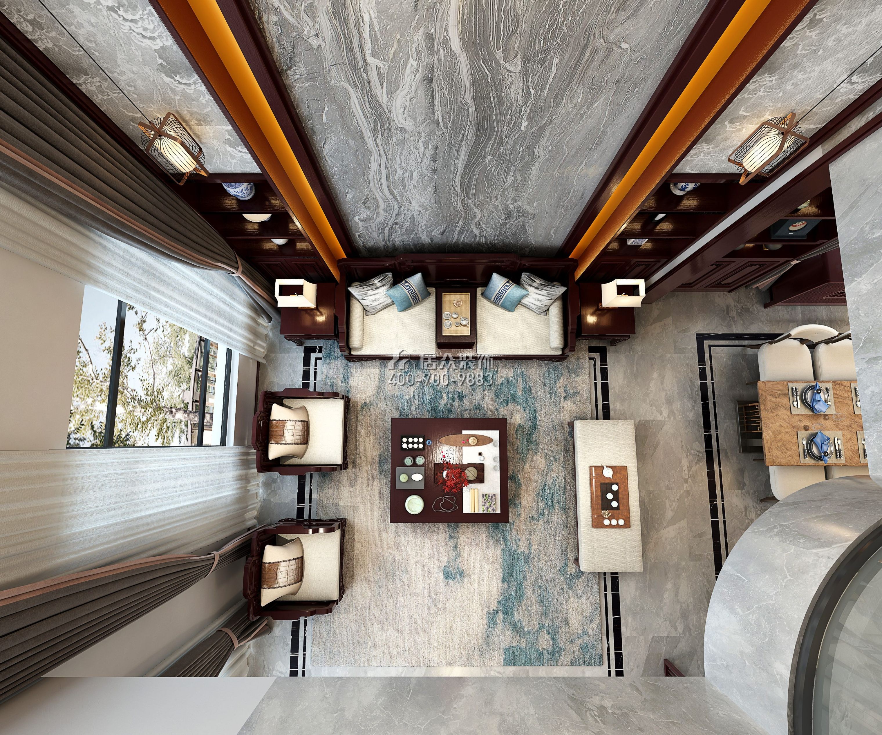 天鵝灣3期450平方米中式風格別墅戶型客廳裝修效果圖