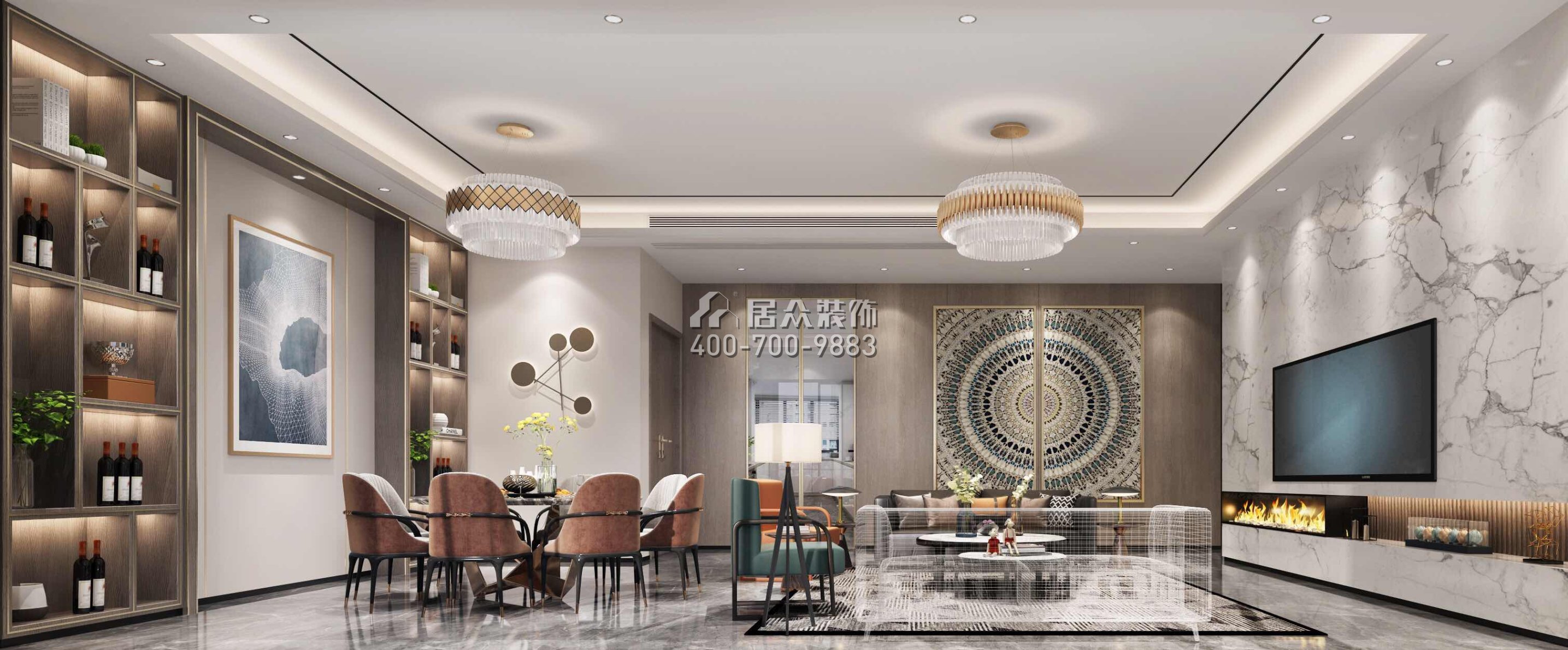 萬科皇馬酈宮241平方米現代簡約風格平層戶型客餐廳一體裝修效果圖