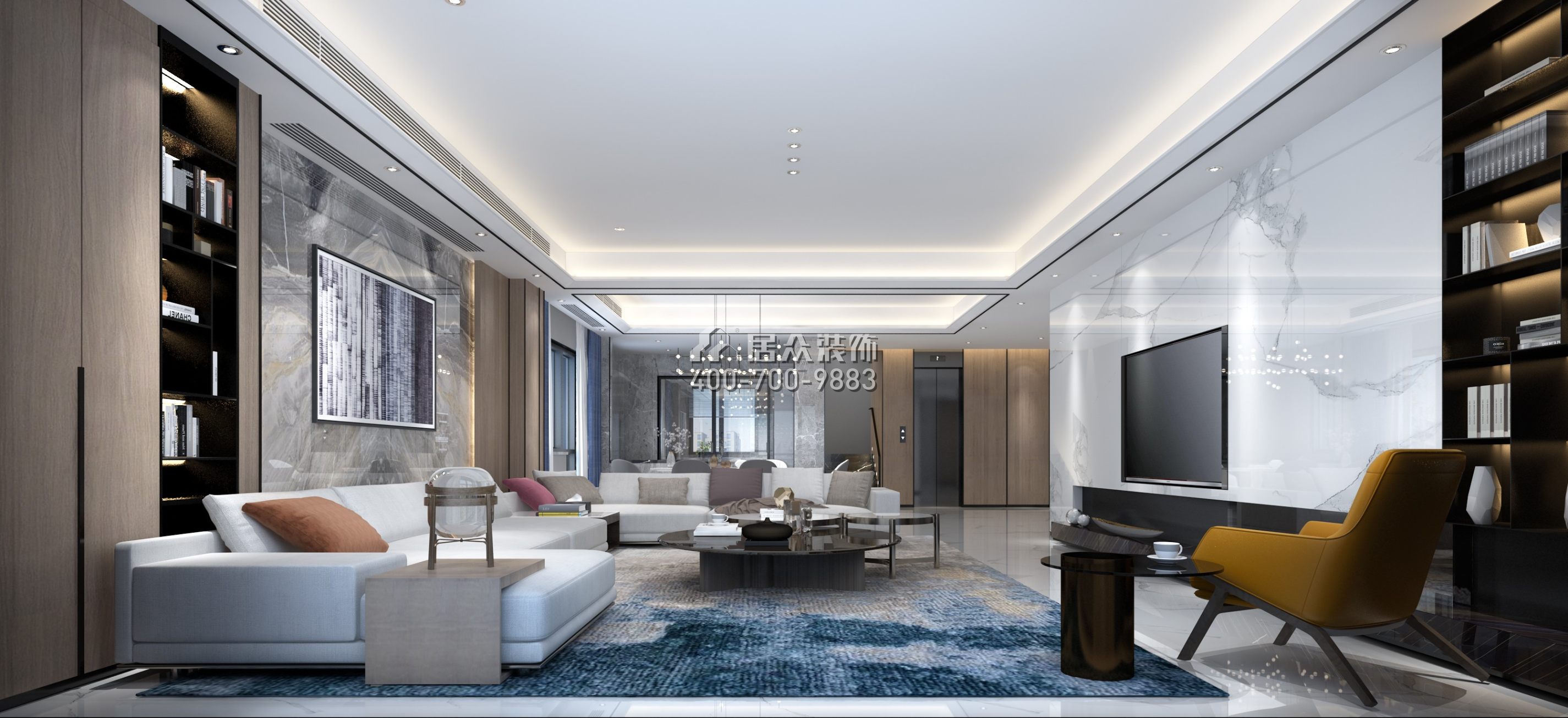 青龙湾布拉庄园350平方米现代简约风格别墅户型客厅装修效果图