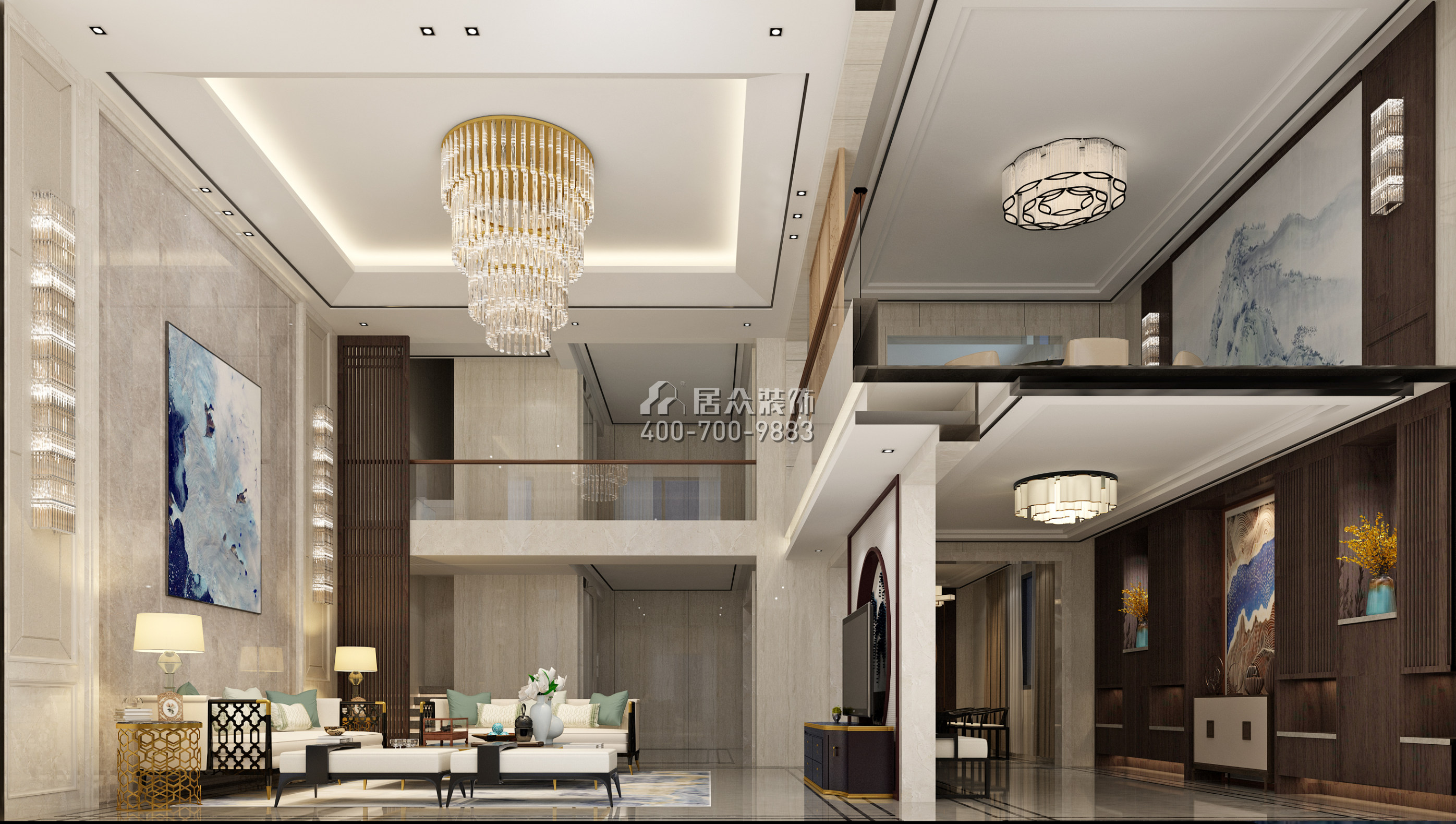 信榮海逸半島500平方米中式風格別墅戶型客廳裝修效果圖