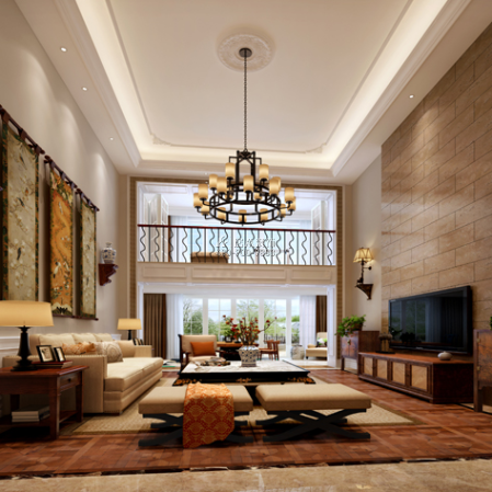 華發峰景灣350平方米美式風格復式戶型客廳裝修效果圖