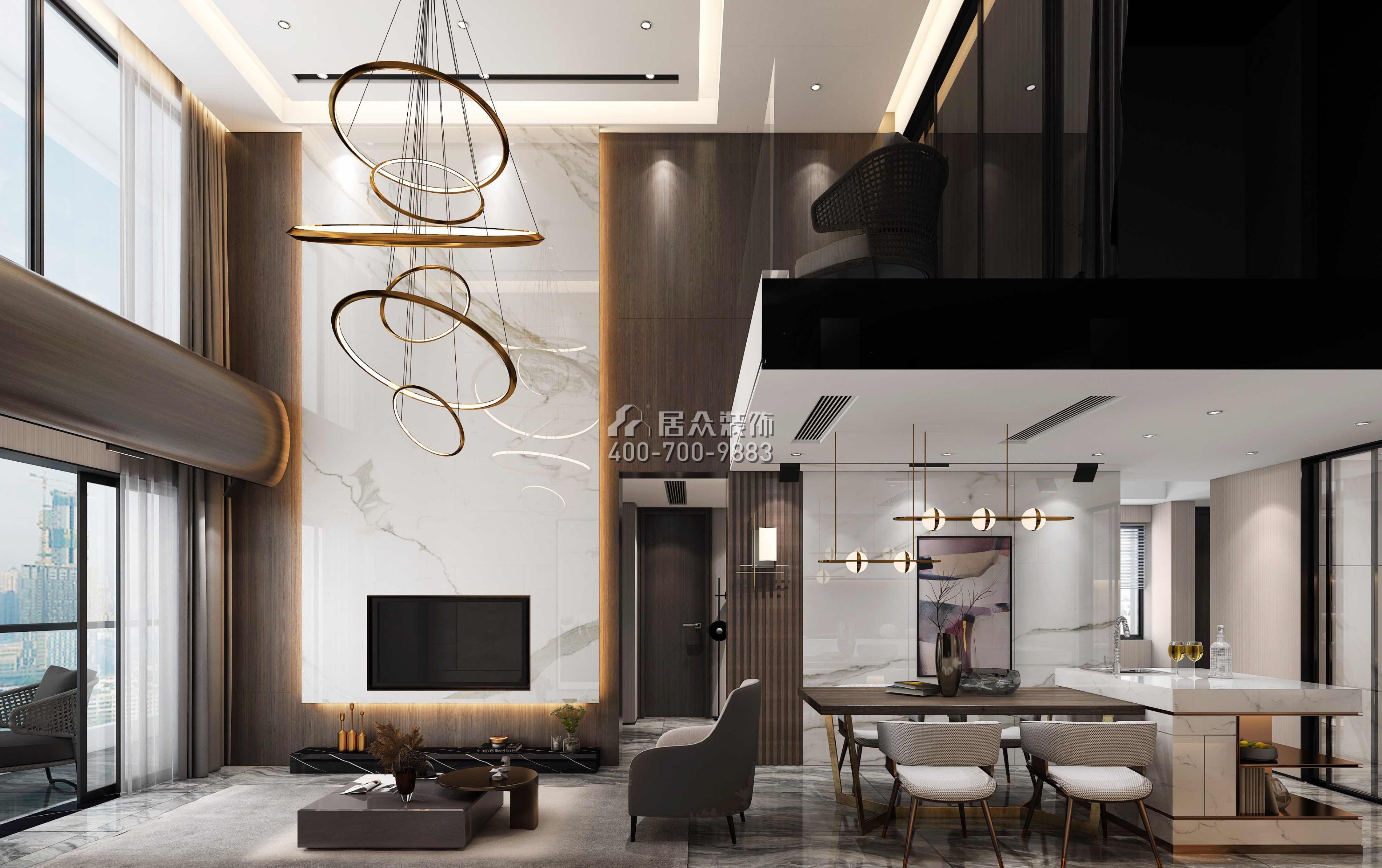 佳兆业城市广场220平方米现代简约风格复式户型客餐厅一体装修效果图
