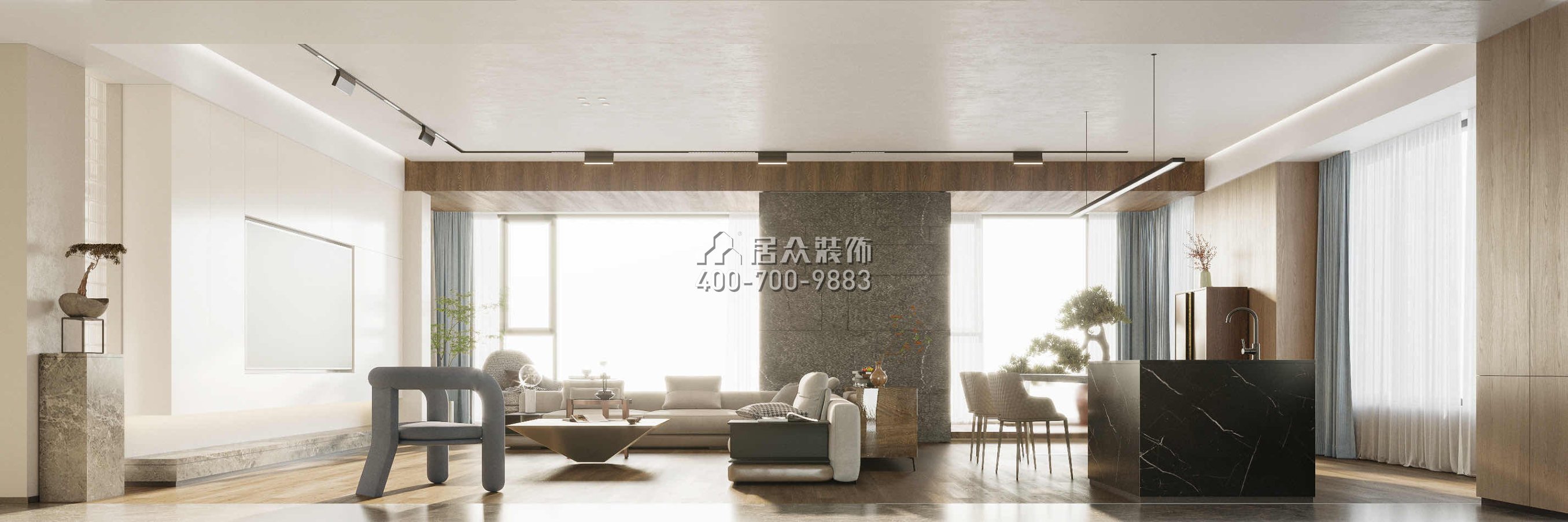 藏珑湖上国际412平方米现代简约风格平层户型客餐厅一体装修效果图