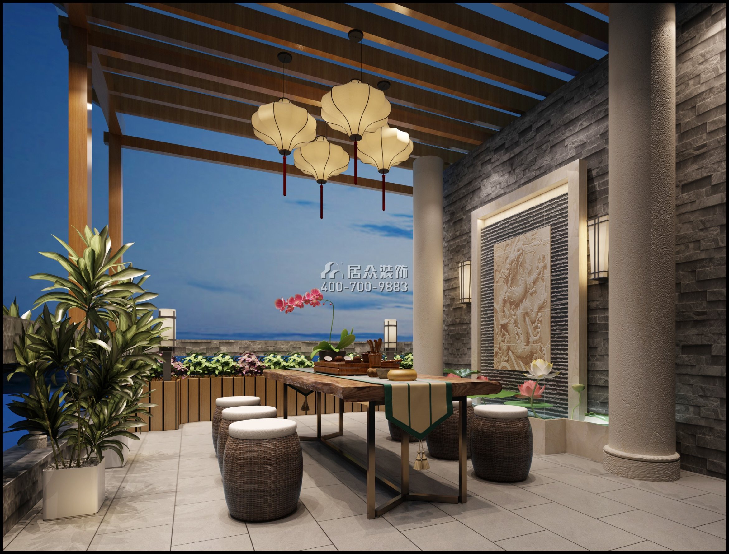 新亚洲花园280平方米中式风格复式户型阳光房装修效果图