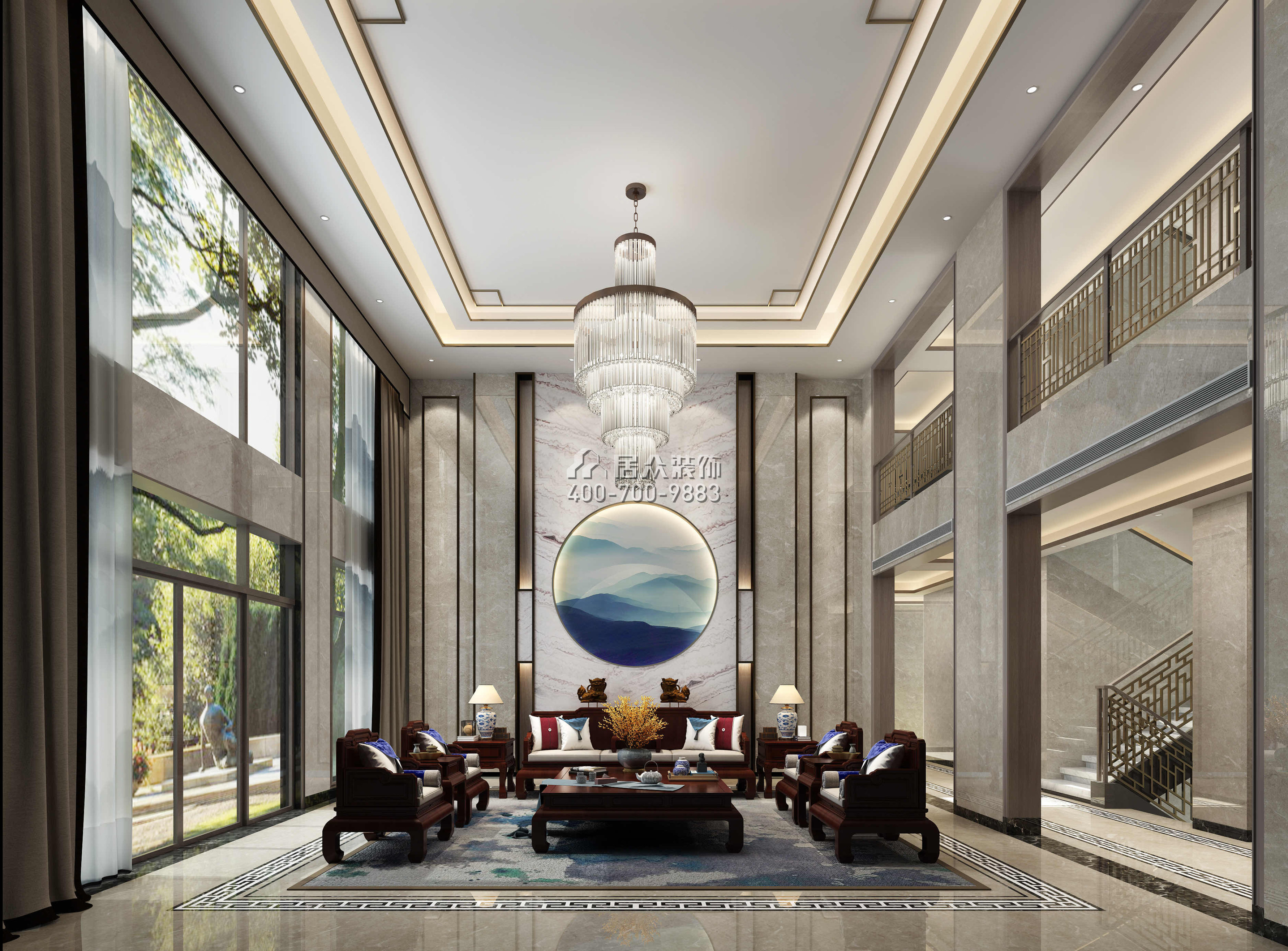 中信森林湖1100平方米中式风格别墅户型客厅装修效果图