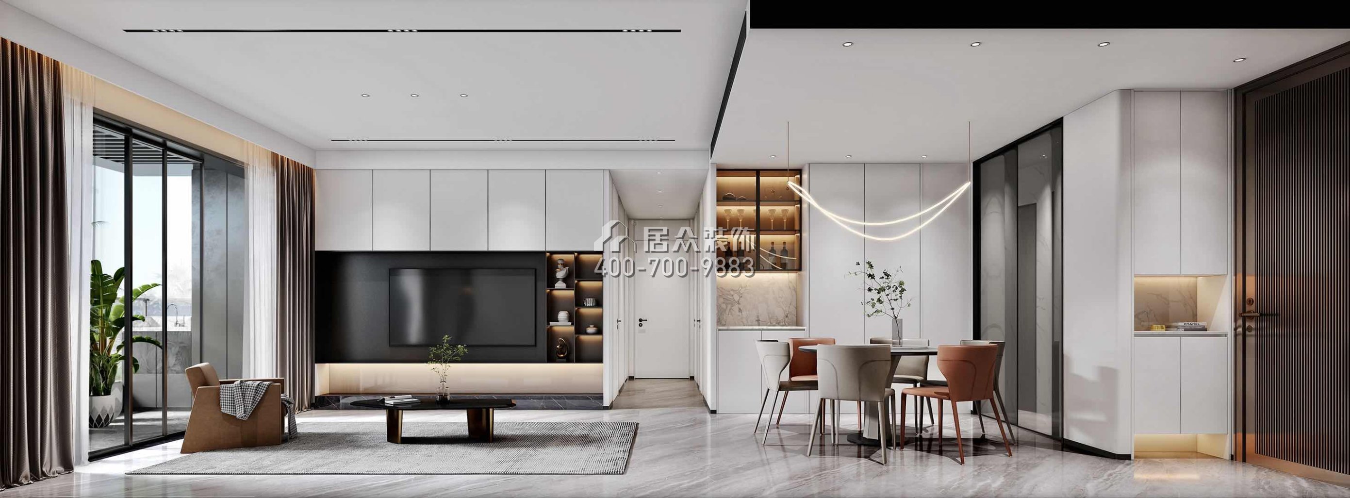 天健天骄123平方米现代简约风格平层户型客餐厅一体装修效果图