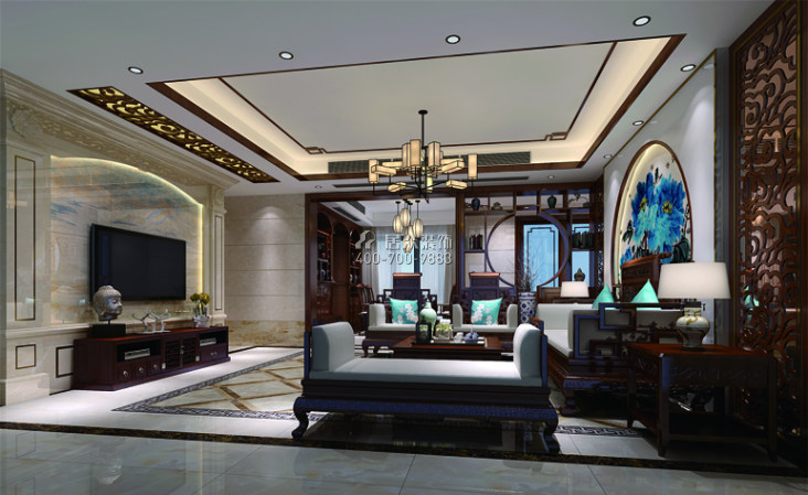 世茂玉錦灣144平方米中式風格平層戶型客廳裝修效果圖