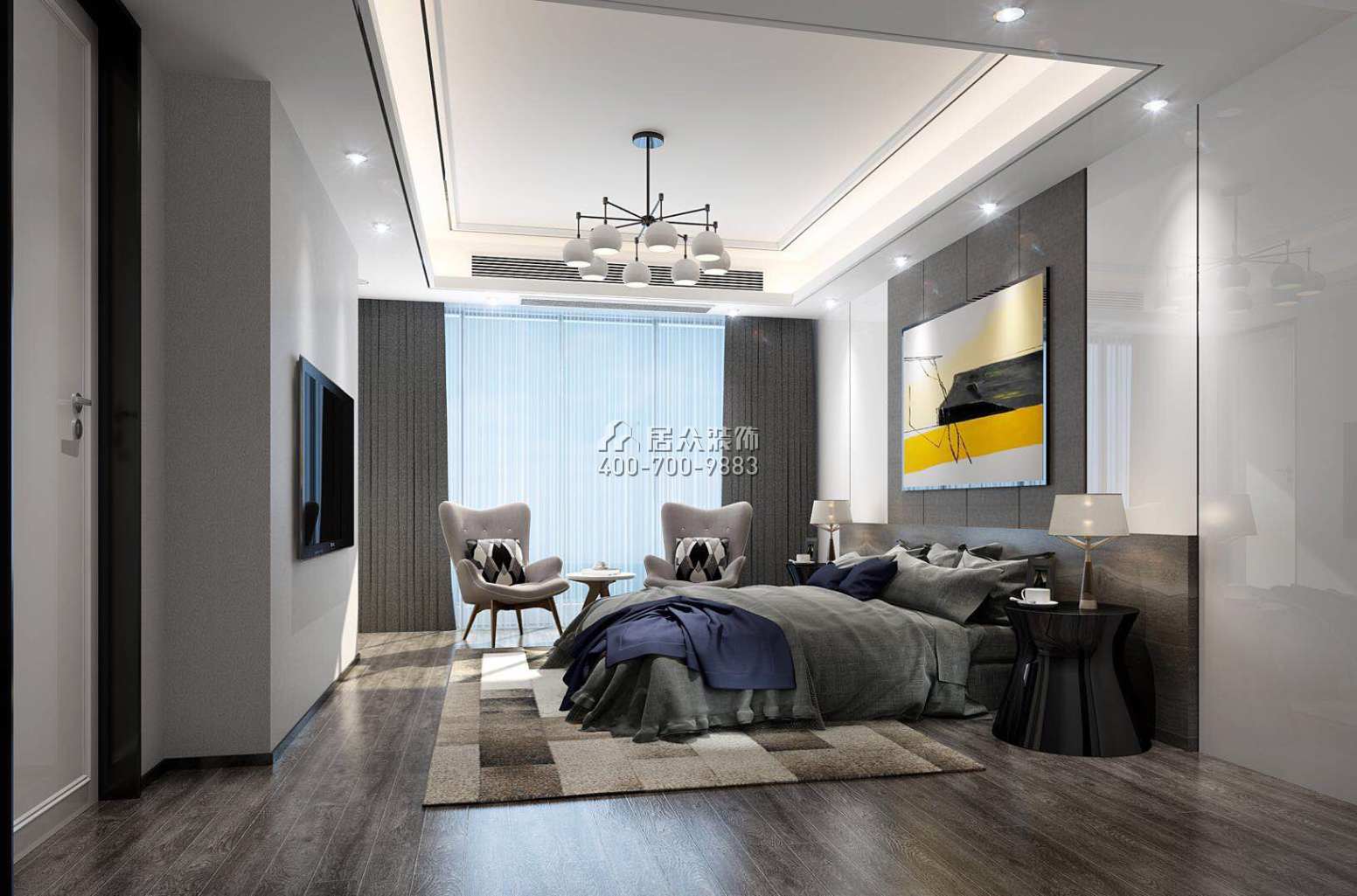 鲁能领秀城350平方米现代简约风格别墅户型卧室装修效果图