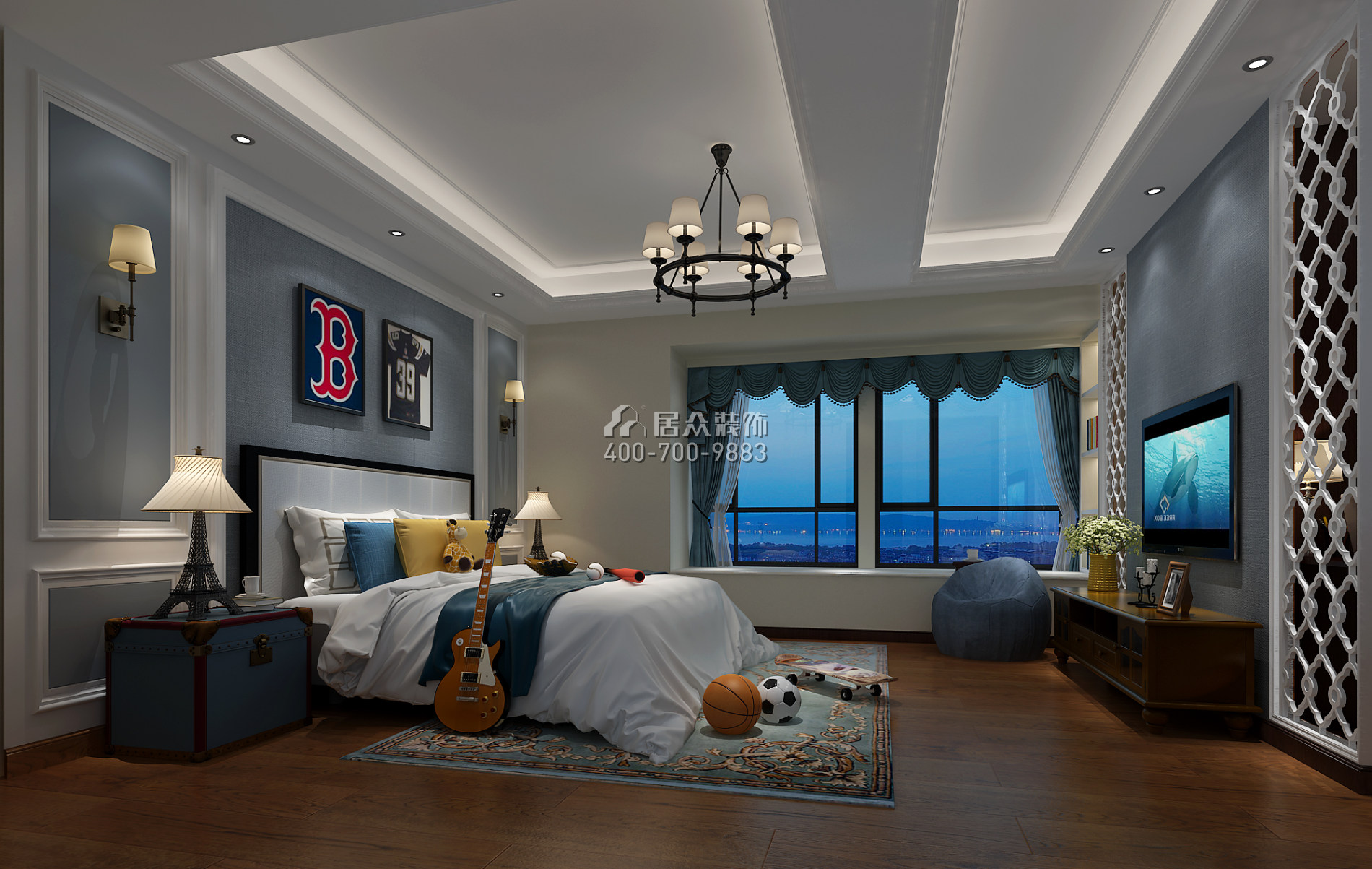 凯景中央首座350平方米美式风格平层户型卧室装修效果图