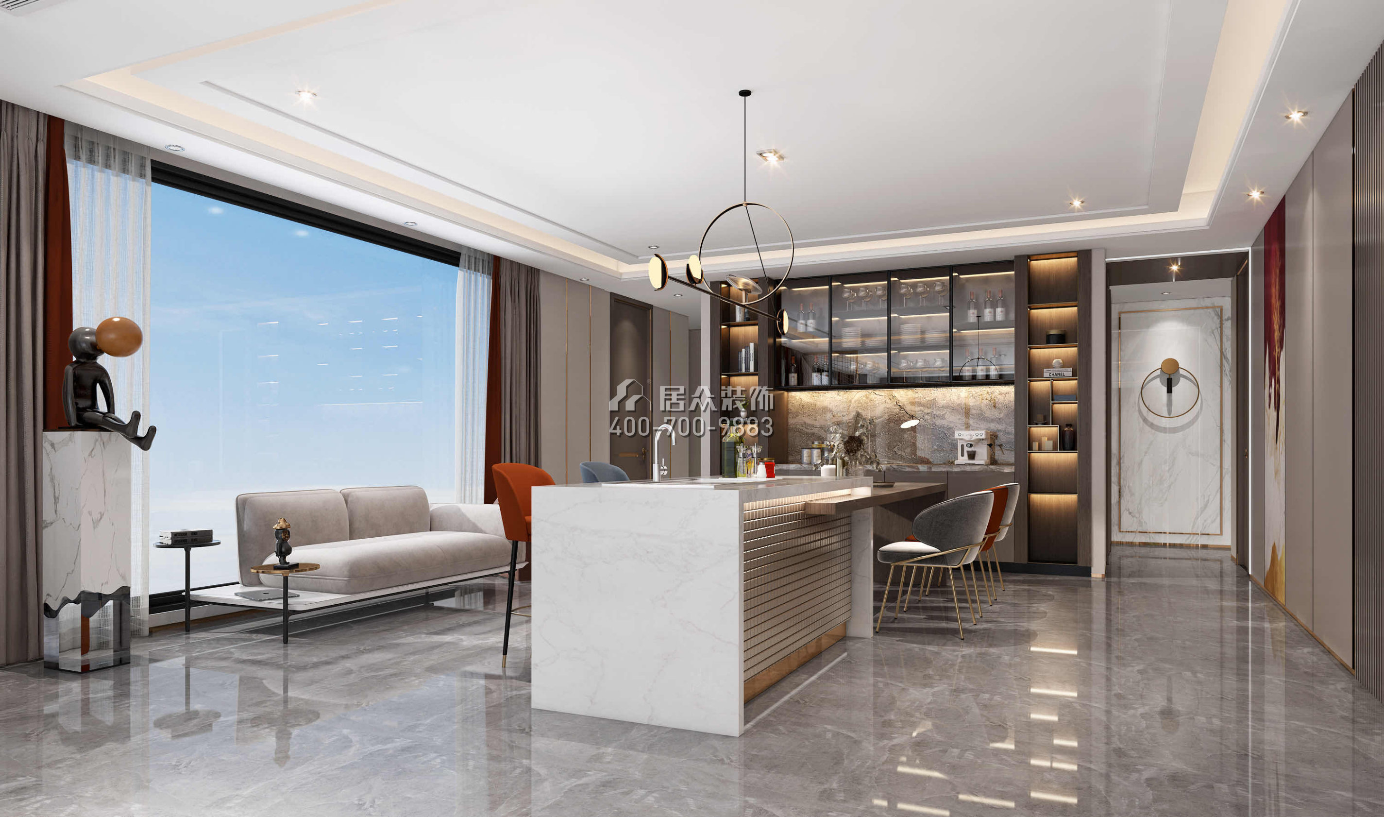 天鹅堡370平方米现代简约风格平层户型家庭吧台装修效果图