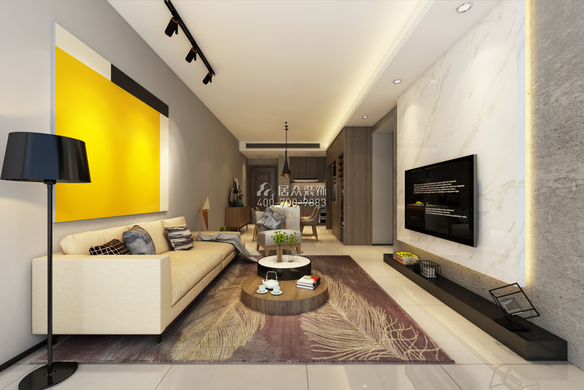 荟港尊邸89平方米现代简约风格平层户型客厅装修效果图