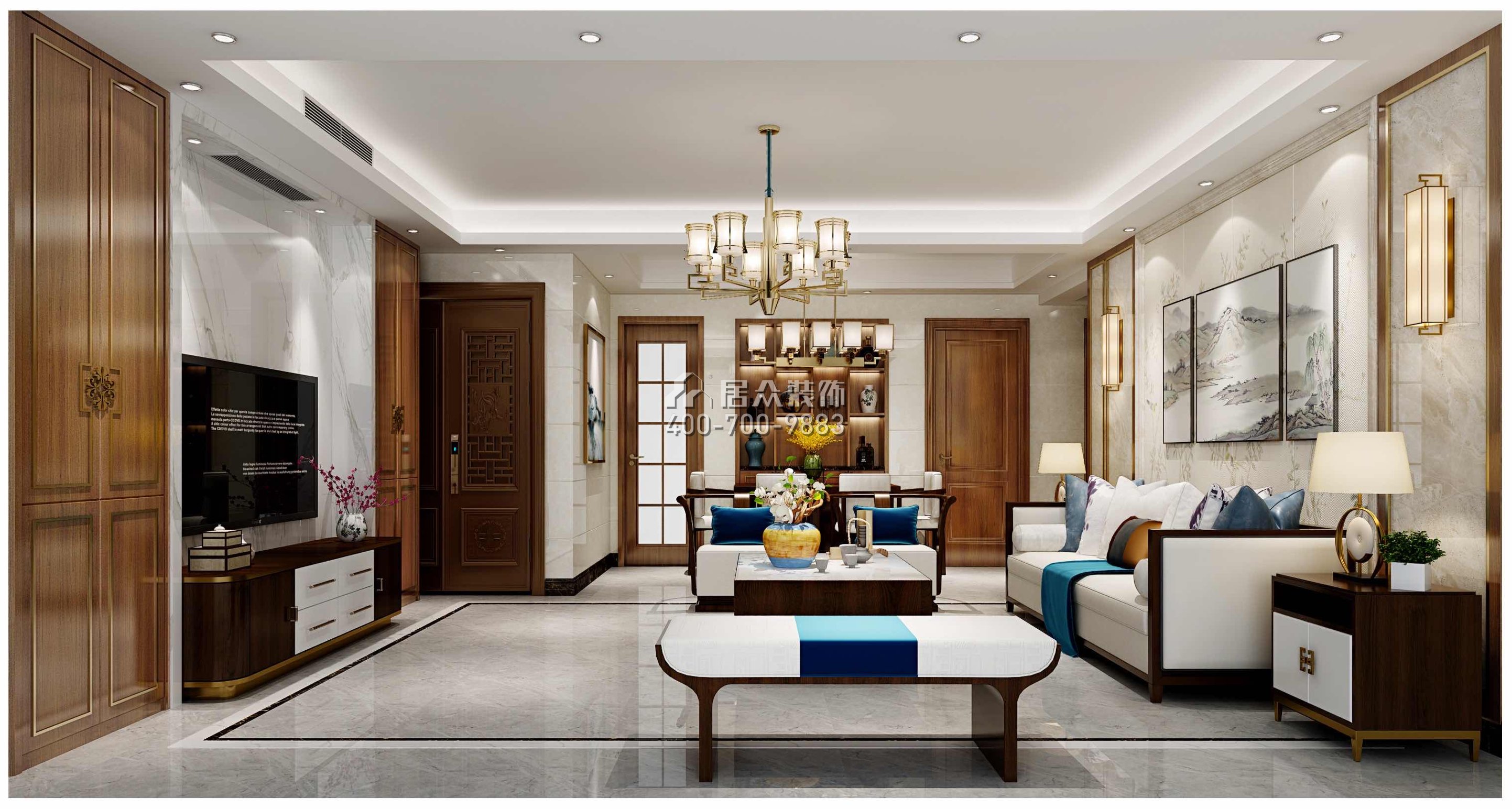 百合山庄90平方米中式风格平层户型客厅装修效果图