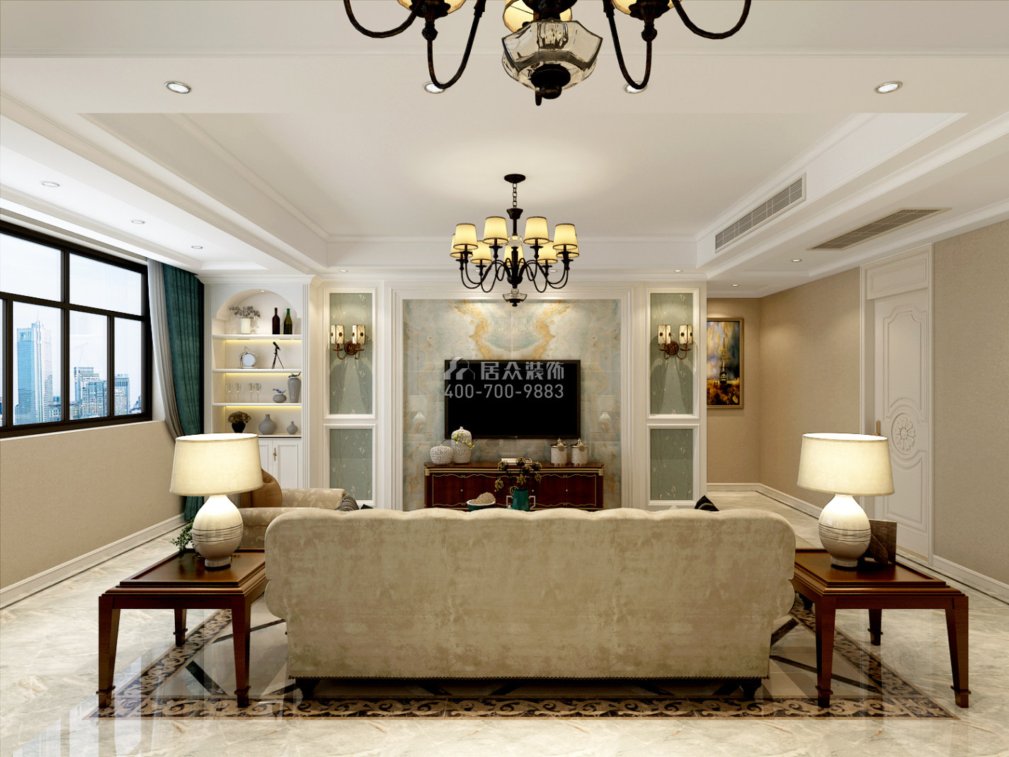 紫御华庭134平方米美式风格平层户型客厅装修效果图