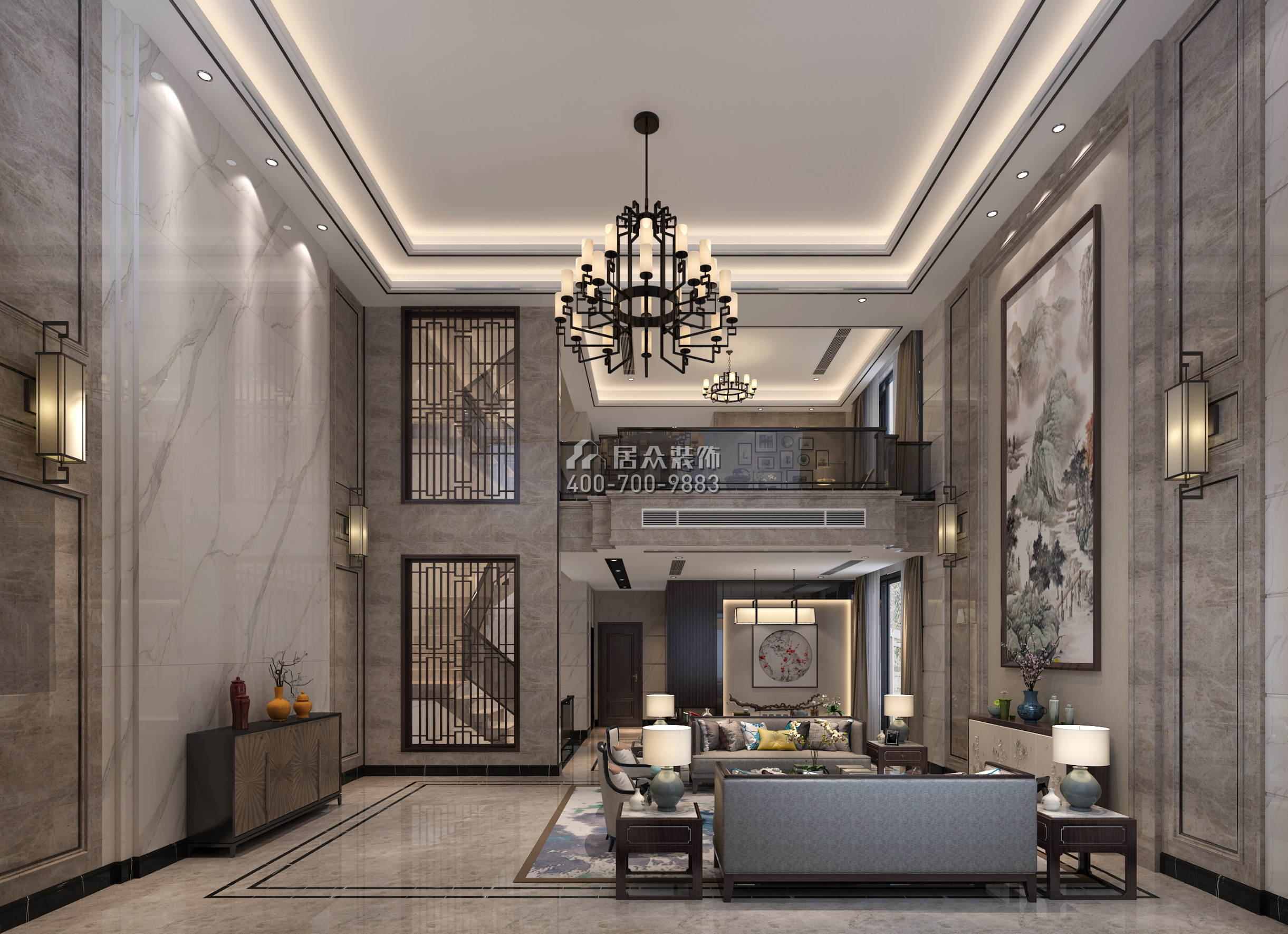 華僑城天鵝湖650平方米中式風格別墅戶型客廳裝修效果圖