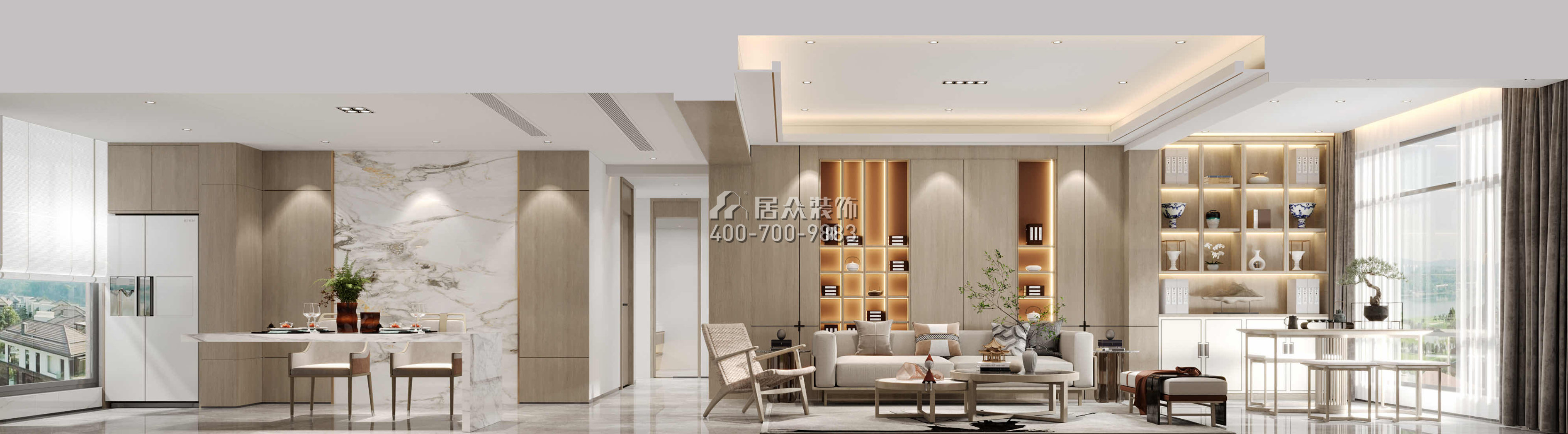 翠湖香山別苑200平方米中式風格復式戶型客餐廳一體裝修效果圖