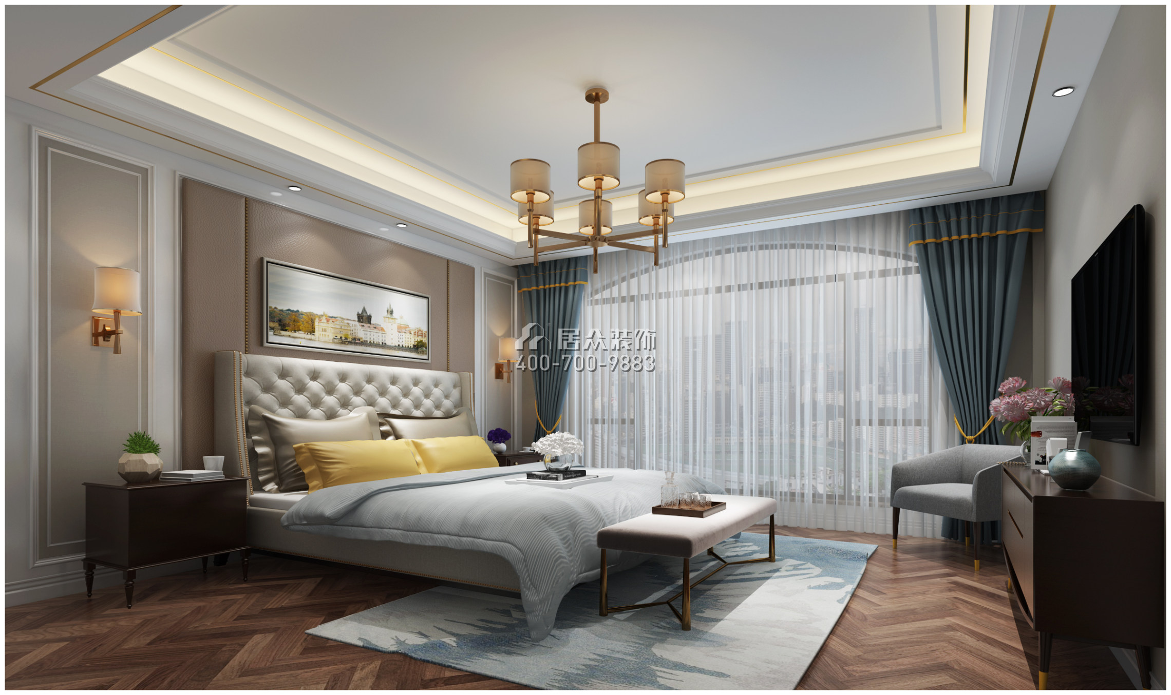 卢浮原著360平方米美式风格别墅户型卧室装修效果图