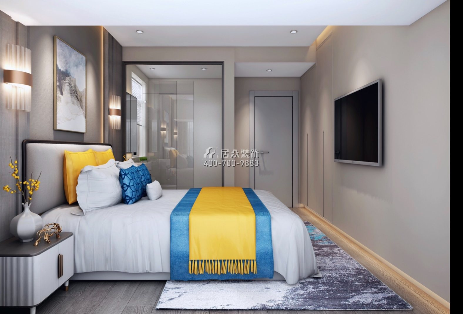 恒地悦山湖花园100平方米现代简约风格平层户型卧室装修效果图