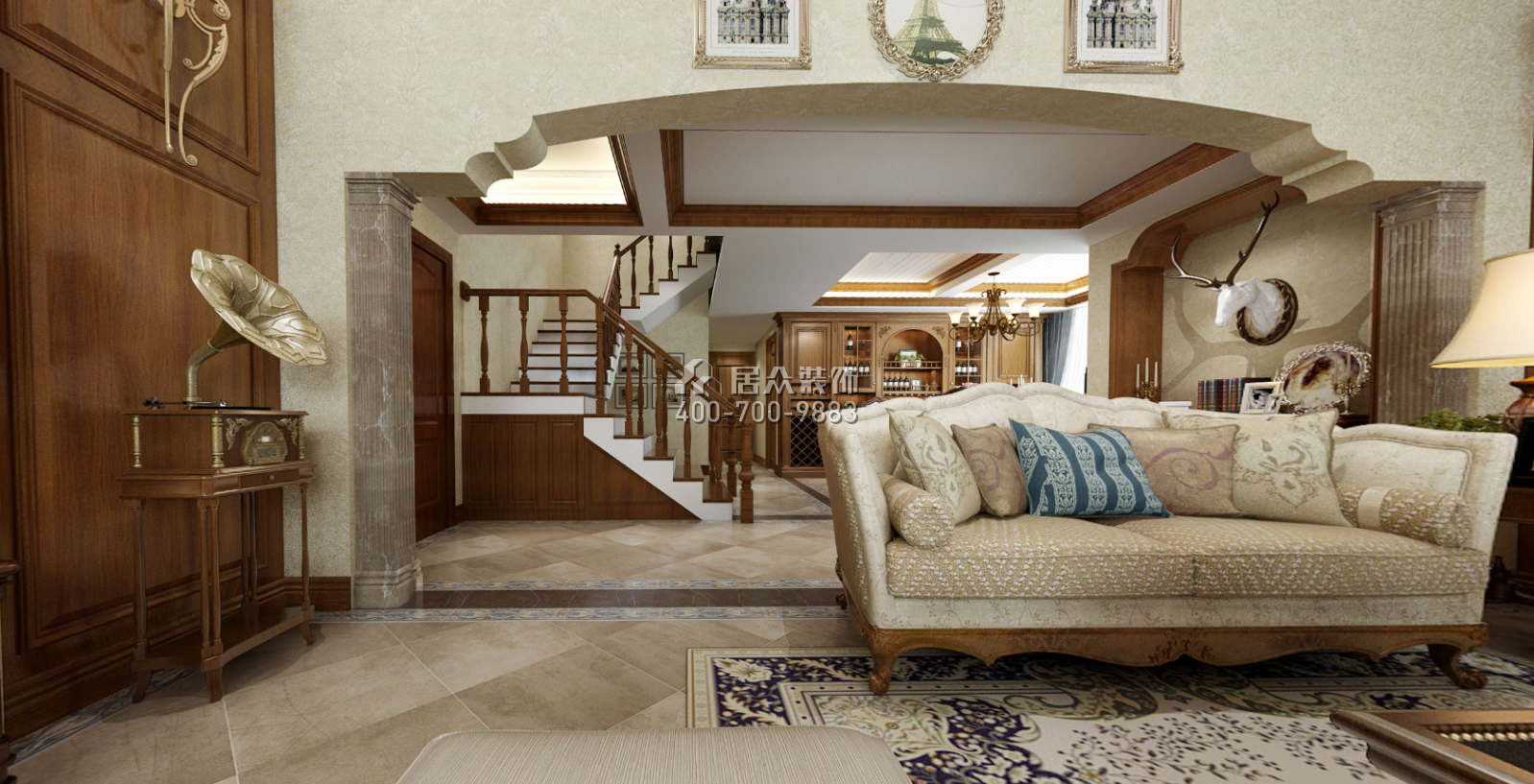 托斯卡纳320平方米美式风格别墅户型客厅装修效果图