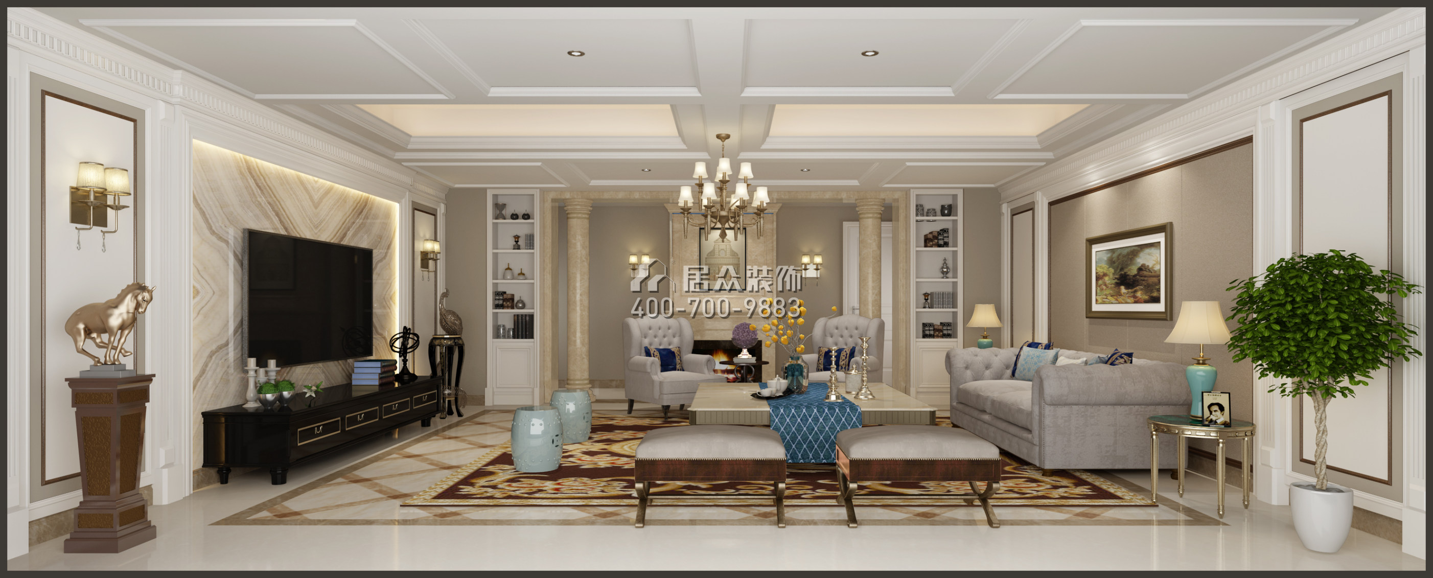 梅溪湖壹号380平方米美式风格平层户型客厅装修效果图