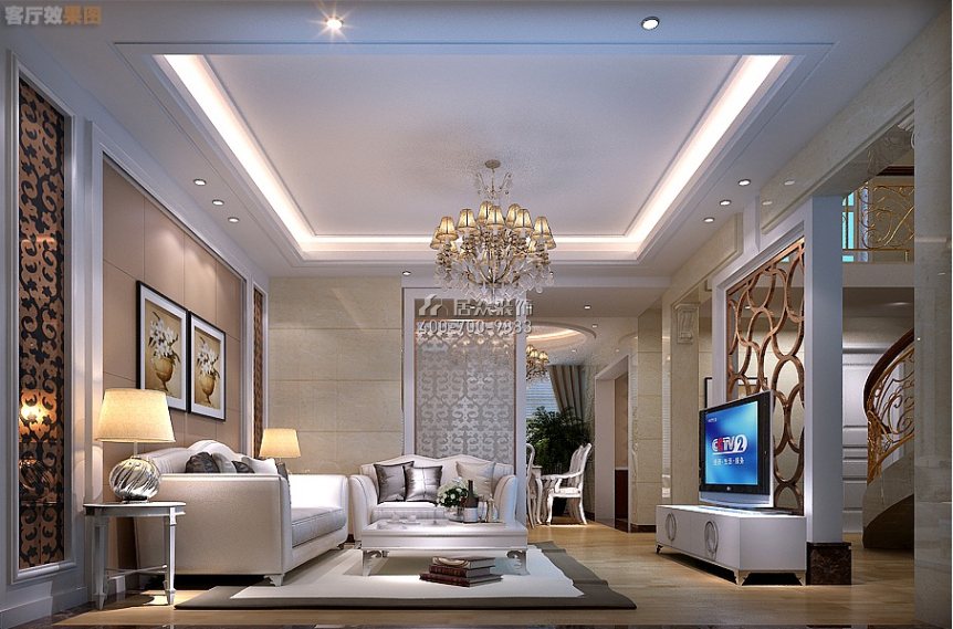 天鵝堡三期300平方米新古典風格復式戶型客廳裝修效果圖