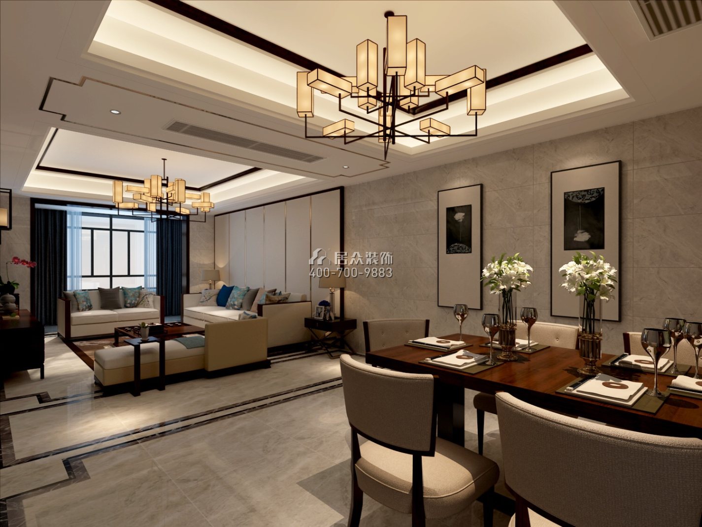 紫御华庭140平方米中式风格平层户型客餐厅一体装修效果图