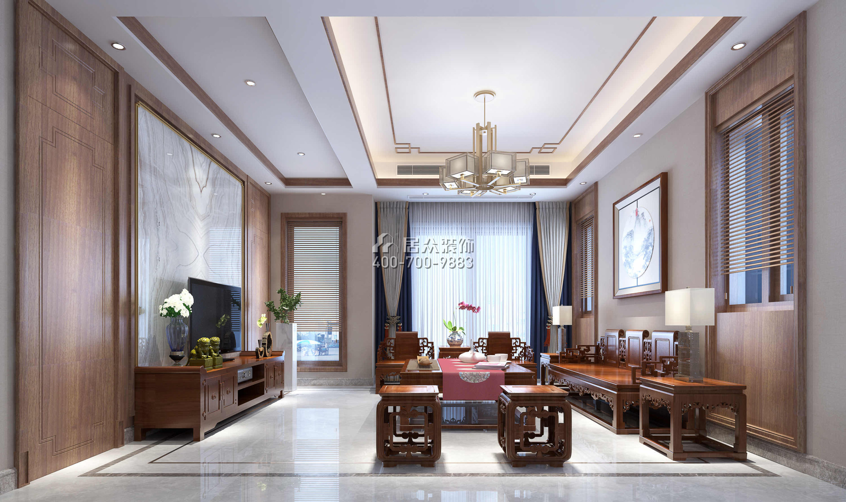 青龙湾布拉庄园380平方米中式风格别墅户型客厅装修效果图