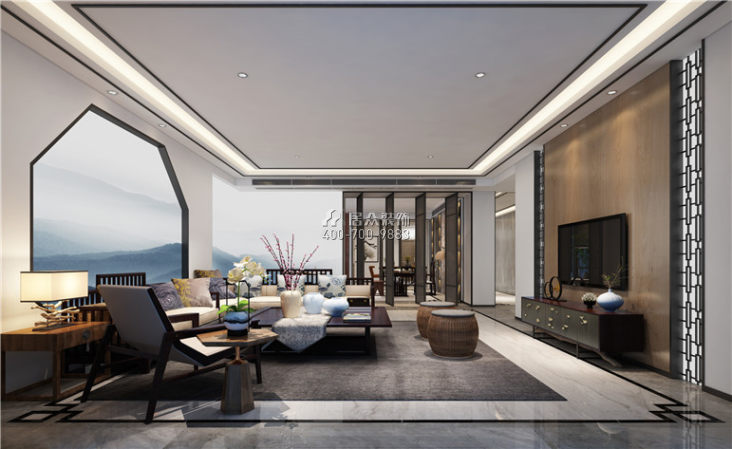 300平方米中式风格平层户型客厅装修效果图