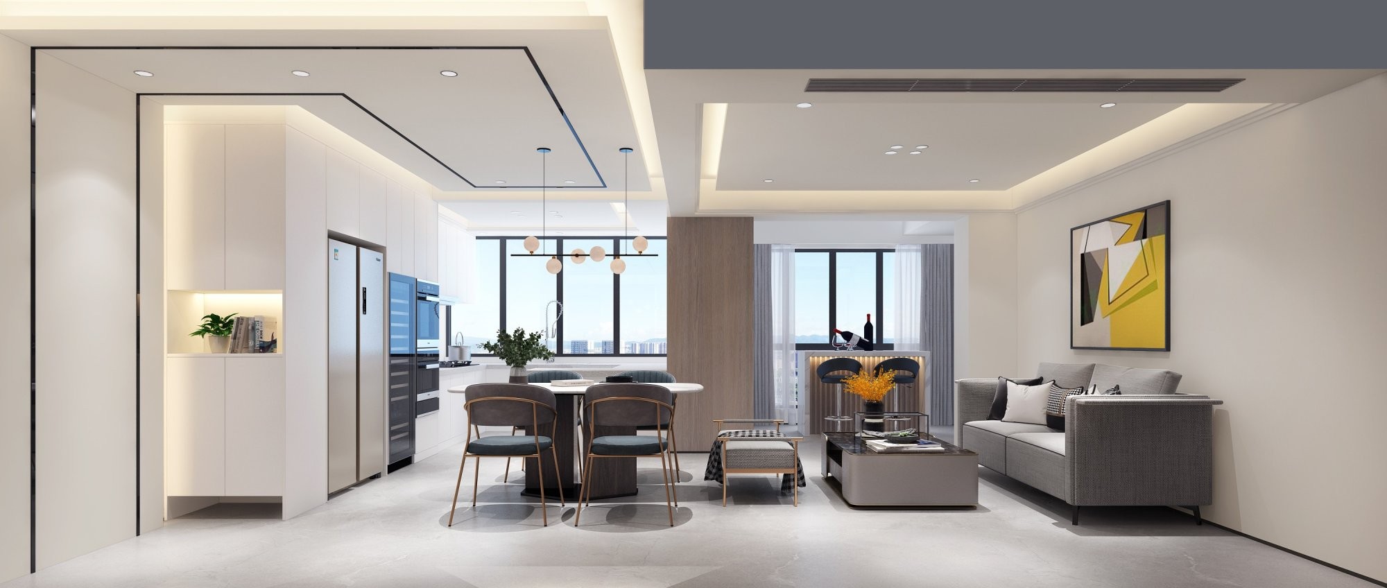 栖游记170平方米现代简约风格复式户型客餐厅一体装修效果图