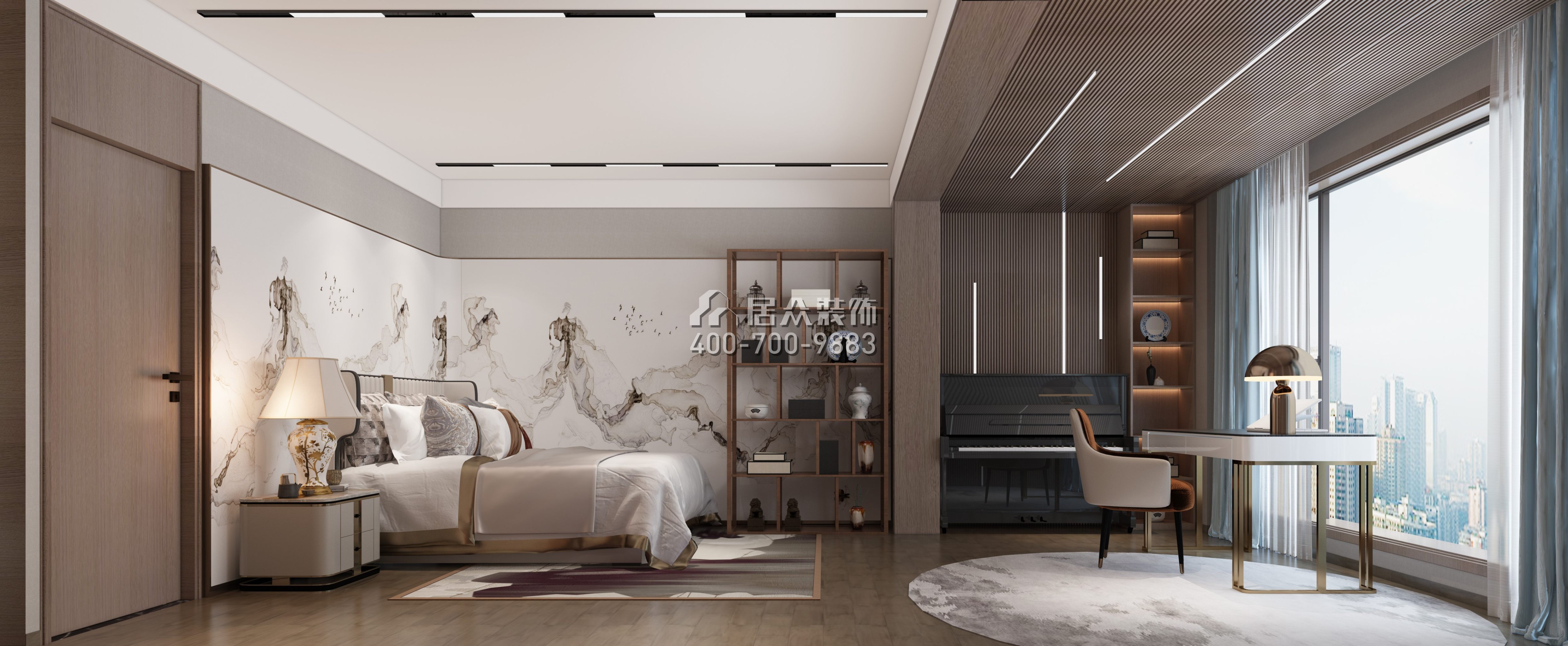 万科金域华府189平方米中式风格平层户型卧室书房一体装修效果图