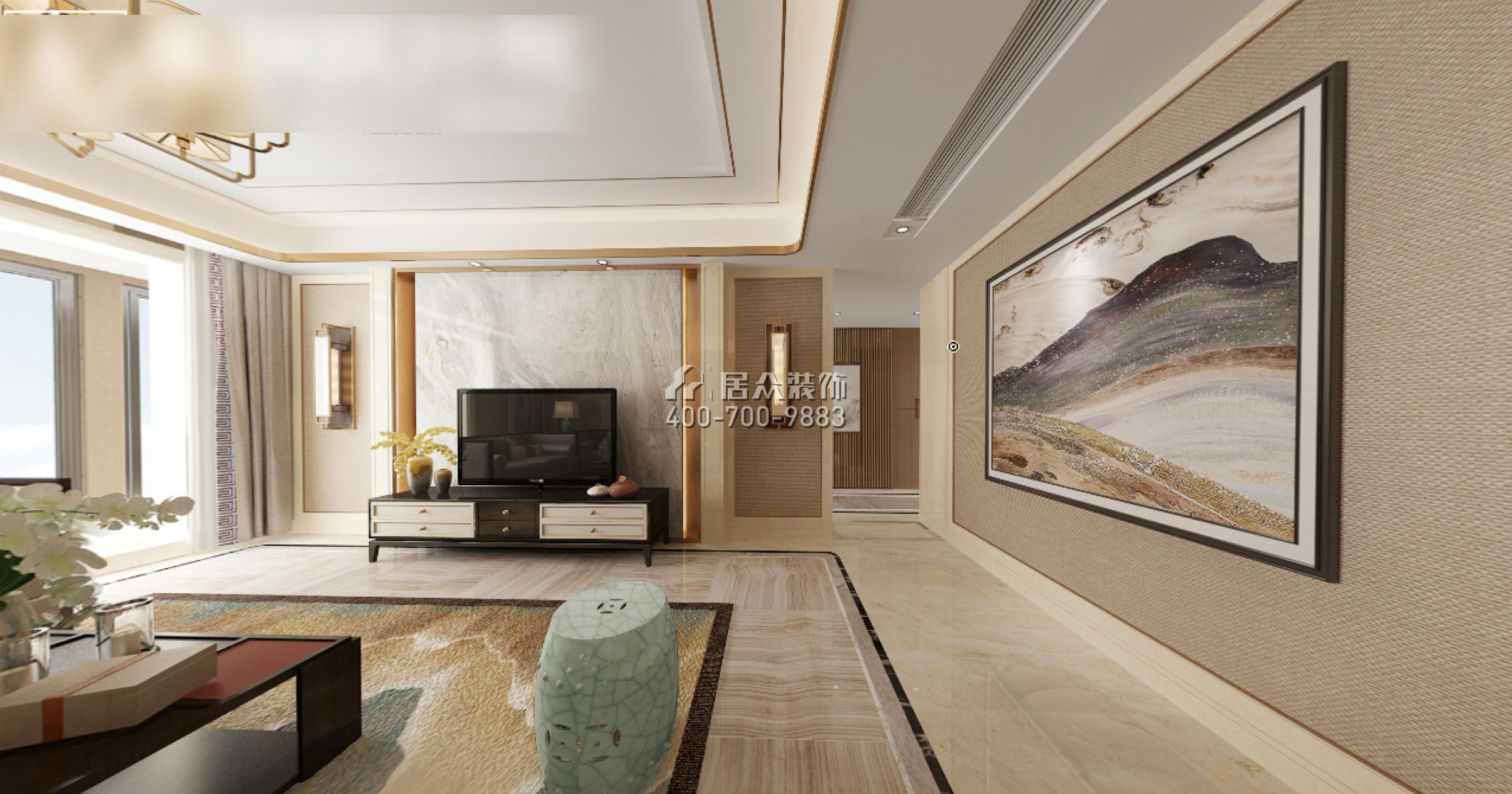 第六都220平方米中式风格平层户型客厅装修效果图