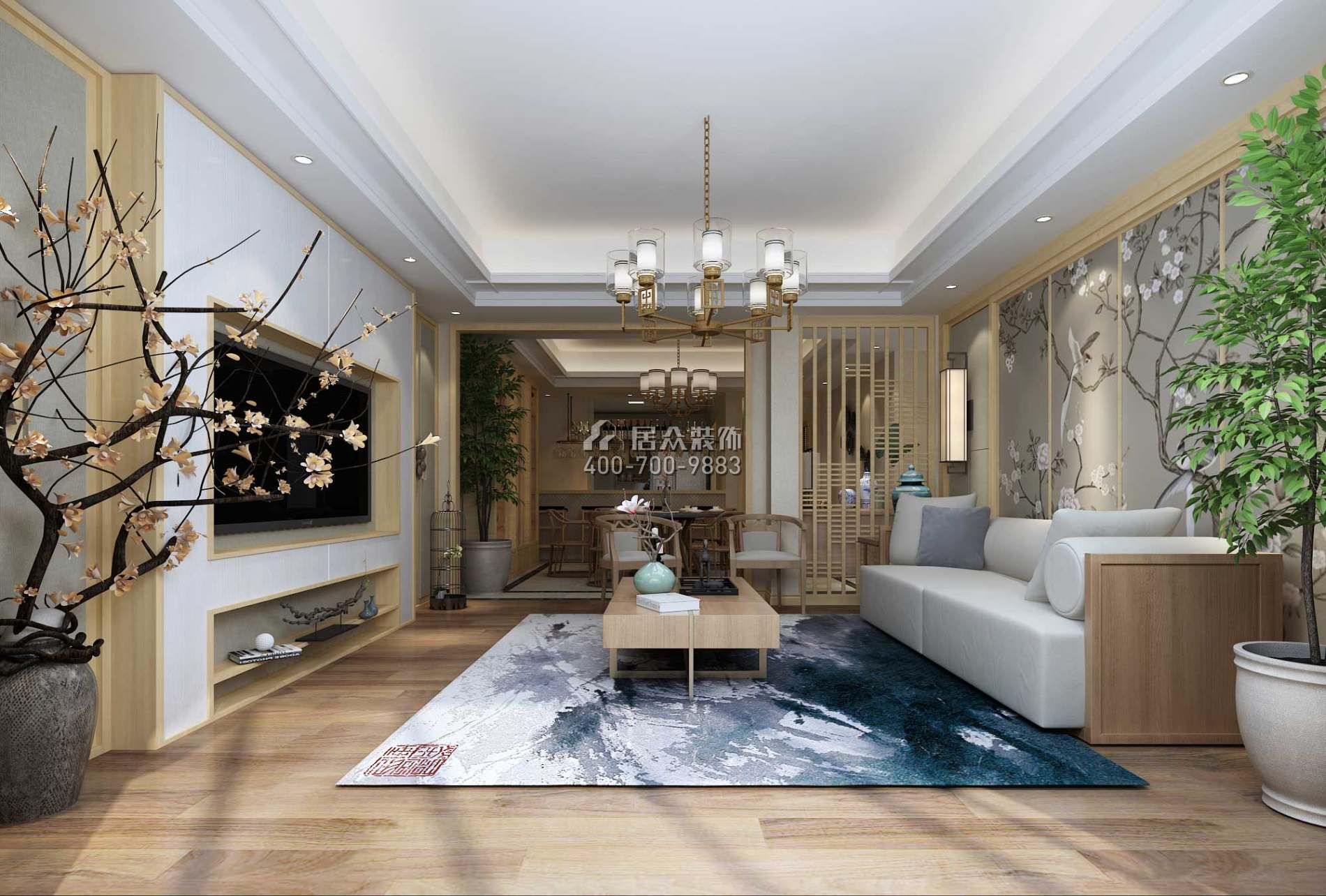 融创凡尔赛领馆108平方米中式风格平层户型客厅装修效果图