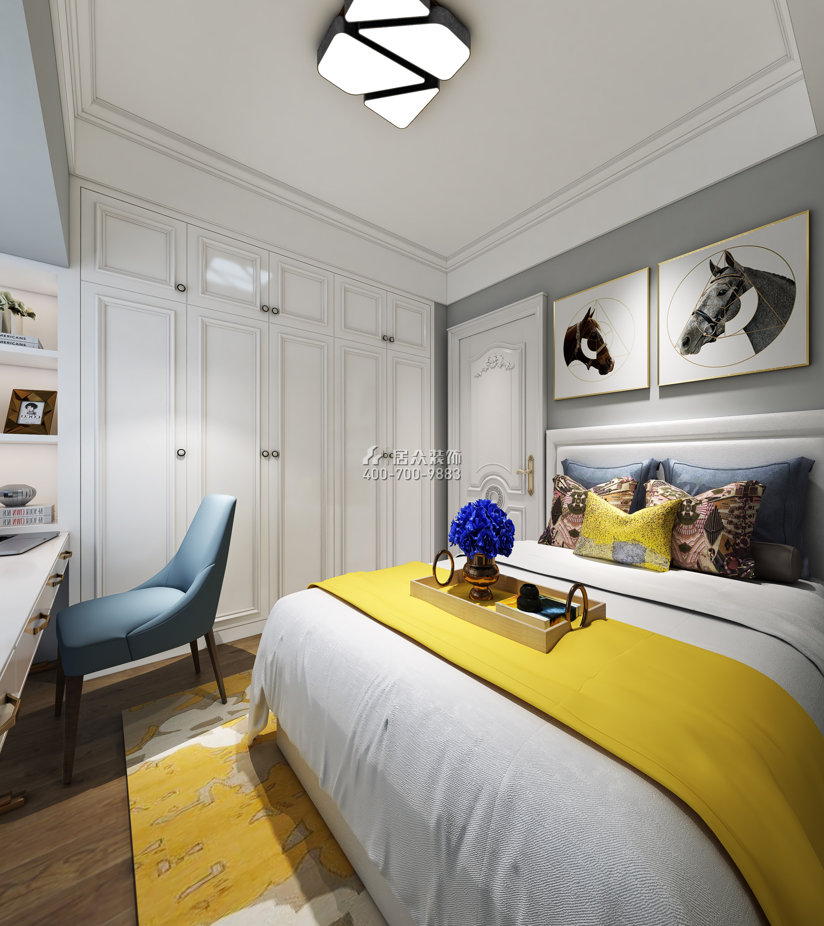 前海港湾120平方米美式风格平层户型卧室kok电竞平台效果图