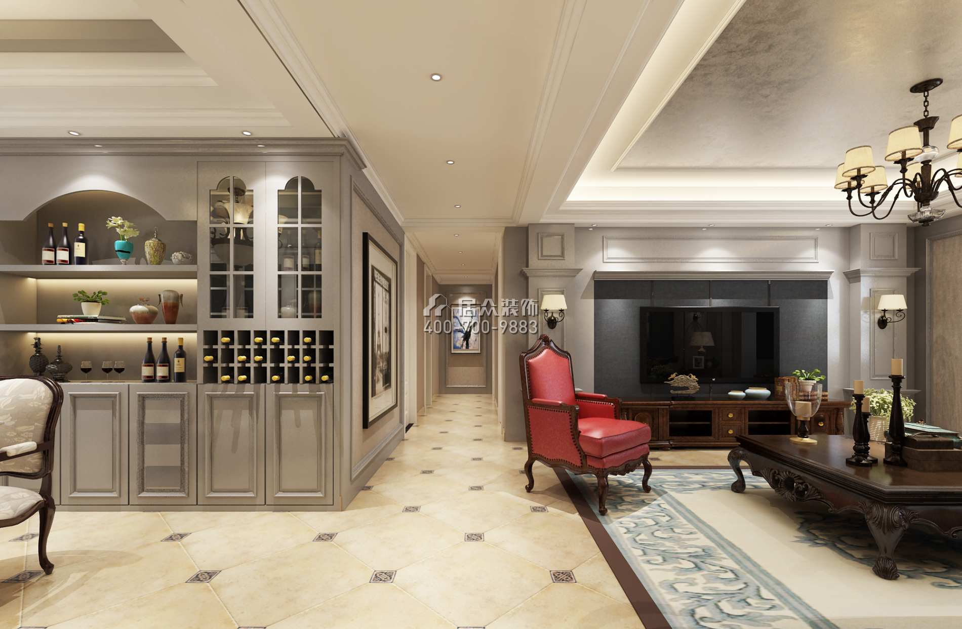 三一翡翠灣140平方米美式風格平層戶型客廳裝修效果圖