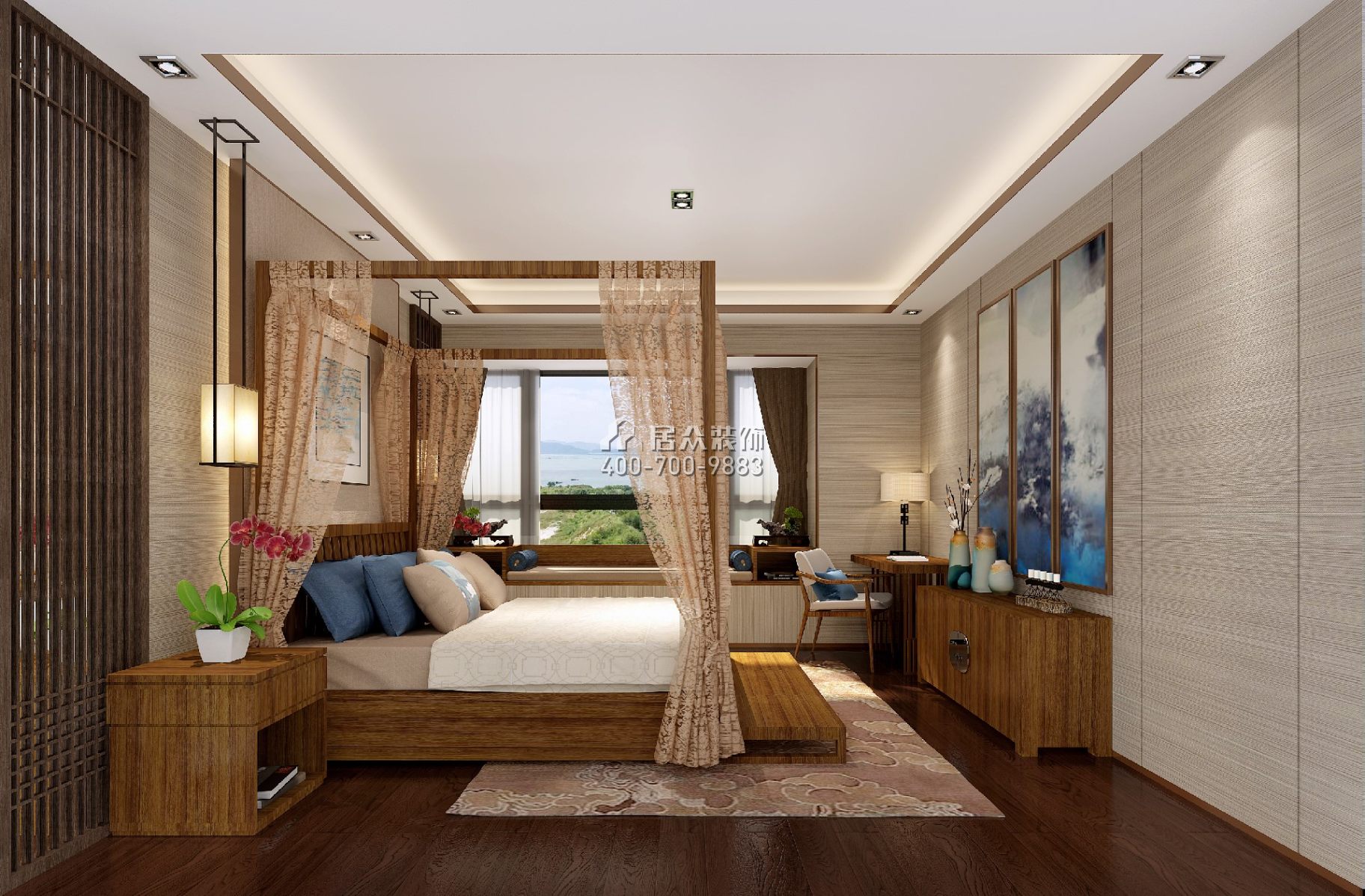翡翠海岸花园186平方米中式风格平层户型卧室装修效果图