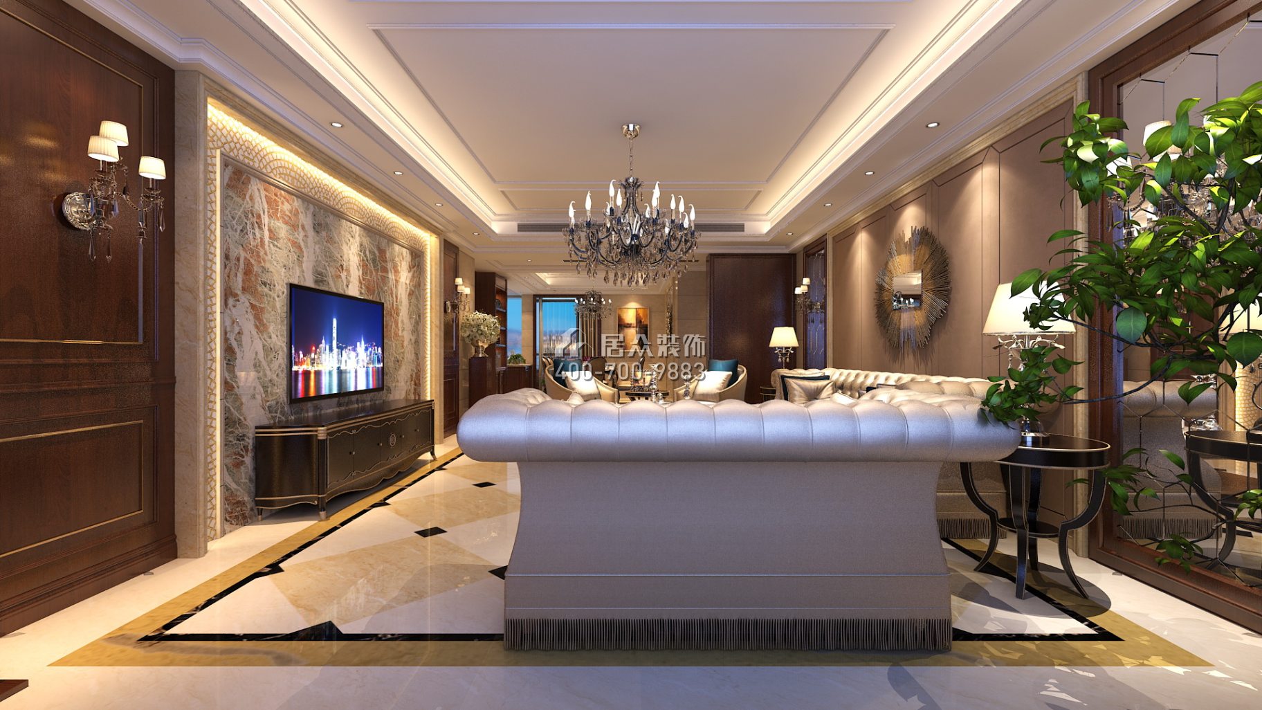 紫御华庭148平方米美式风格平层户型客厅装修效果图