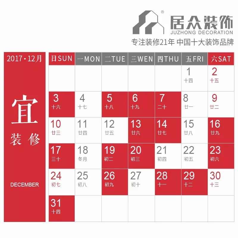 2017年12月装修开工吉日分别是哪几天